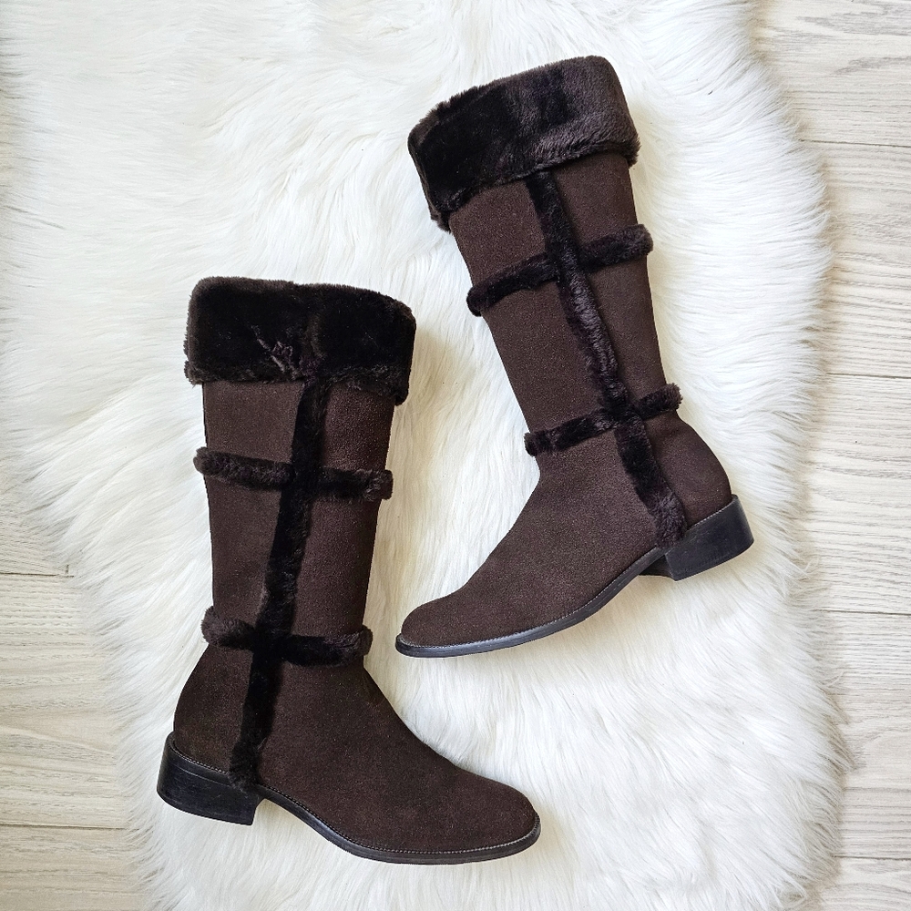 Vintage Talbots Suede Leather Side Zip Fur-Trimmed Dark Brown Boots Women's 8.5M